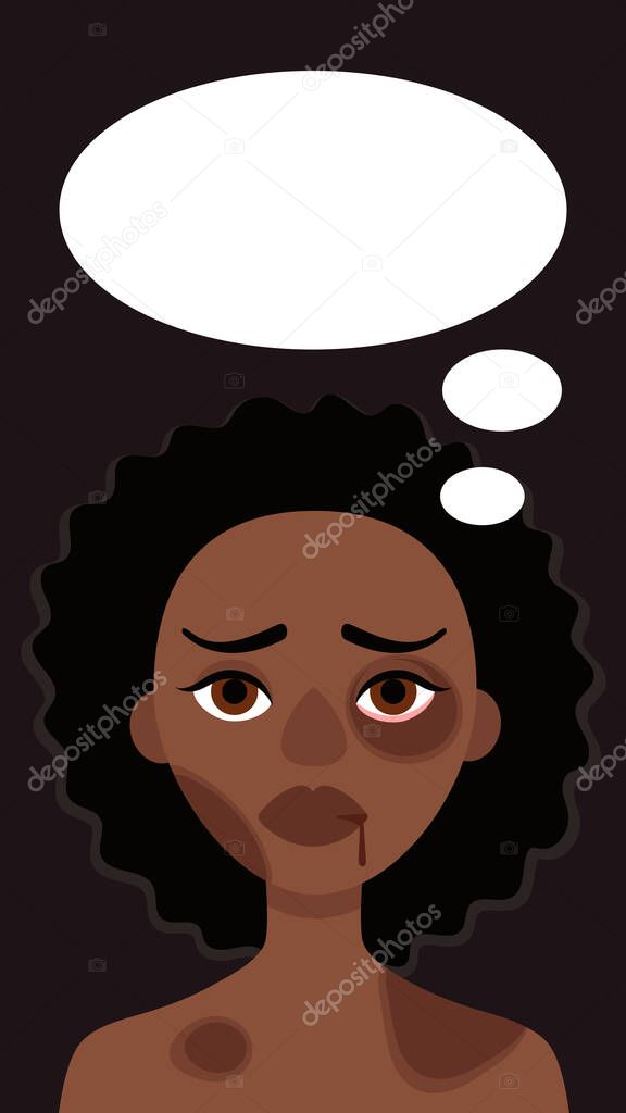 Sad african woman with bruises and speech bubble on dark background.Concept of domestic violence,sexual abuse in family, bullying,aggression women.Vector cartoon illustration.Story format social media