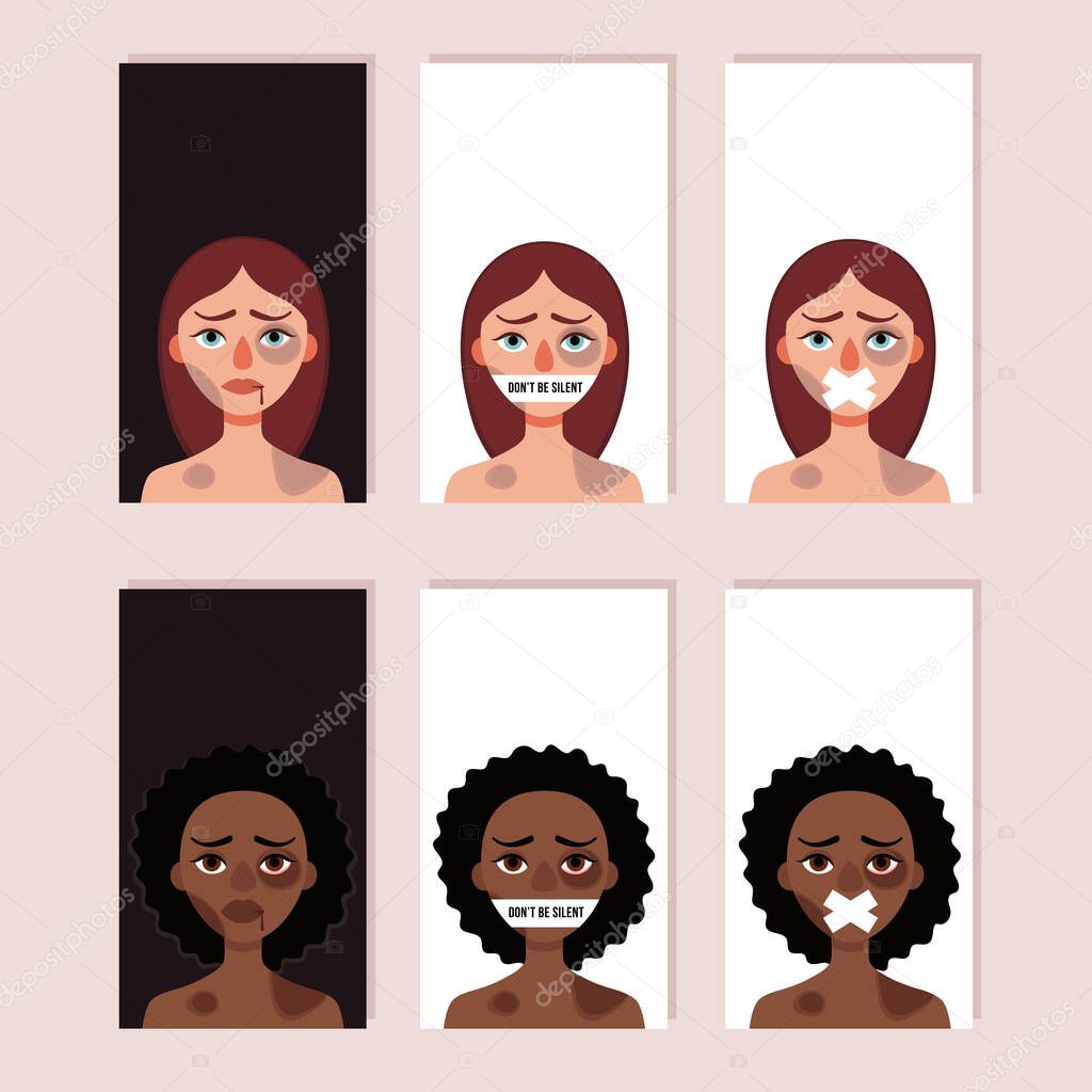 Set of vertical banners for story. Concept of domestic violence, bullying, hushed up problems, victimization. White and african battered woman .Vector illustration