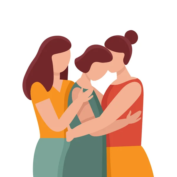 抱擁で3人の女性。女性支援の概念。困難な状況にある女性,家族や性的暴力の犠牲者.心理的、友好的な助け。漫画ベクトルイラスト. — ストックベクタ