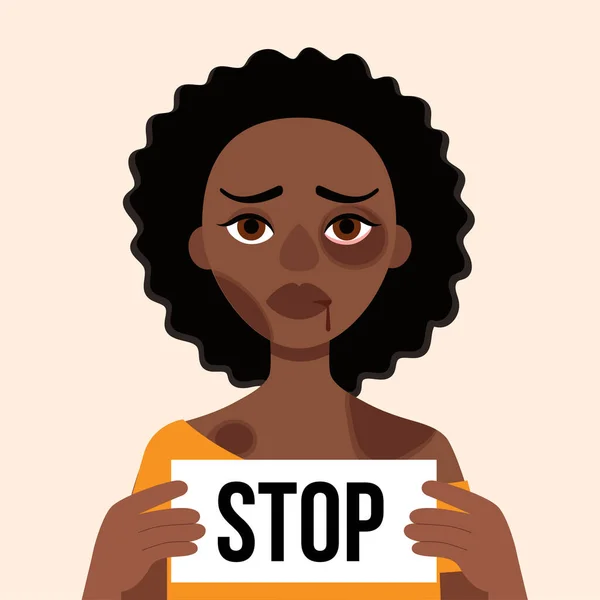 Sorglig afrikansk kvinna med blåmärken och sår på en vit bakgrund.Håller löv med ord Stopp.Begreppet våld i hemmet, sexuella övergrepp i familjen, mobbning, aggression kvinnor.Vector tecknad illustration — Stock vektor