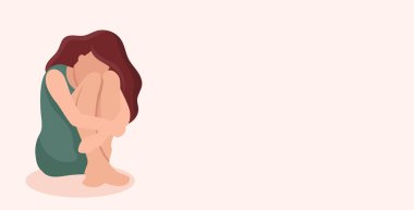 Üzgün kadın oturur. Aile içi şiddet ve cinsel şiddet kurbanı. Sosyal sorunlar. Kadınlara destek. Web sitesi ya da sosyal ağlar için pankart. Metin için boşluk. Vektör çizgi film illüstrasyonu.