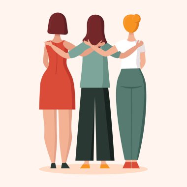 Kucaklaşan üç kadın. Arkadan bak. Kadın desteği kavramı. Zor şartlar altında bir kadın, aile ve cinsel şiddet kurbanı. Psikolojik ve dostane yardım. Çizgi film vektör illüstrasyonu.