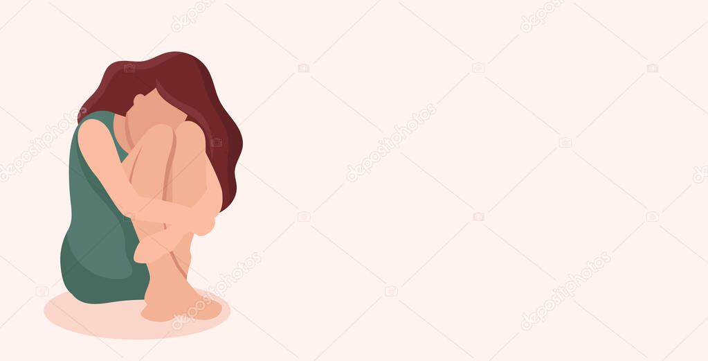 Sad woman sits. Victim of domestic and sexual violence. Social problems. Support for women. Banner for web site or social networks. Space for text.Vector cartoon illustration.
