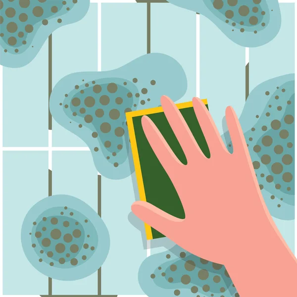 Menselijke hand wast schimmel van keramische tegels. Giftige schimmelsporen, gevaar voor de gezondheid. Middelen voor het verwijderen van schimmels en bacteriën. Huisspons voor wassen en schoonmaken. Platte vectorillustratie. — Stockvector