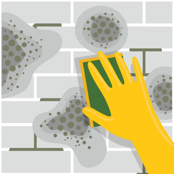 En mänsklig hand i en gummihandske tvättar mögel från keramiska plattor.Giftiga mögelsporer, hälsofara. Medel för att ta bort svampar och bakterier.Hushållssvamp för tvättning och rengöring.Platt vektor illustration. — Stock vektor