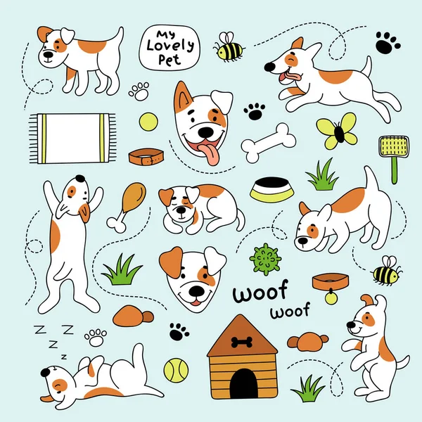 Farklı pozlardaki sevimli komik köpek. Uyumak, koşmak, yalan söylemek, zıplamak. Köpekler için evcil hayvanlar ve elementlerle çizilmiş vektör çizimleri. Top, kabin, kemik, halı, pençe. El illüstrasyonu.