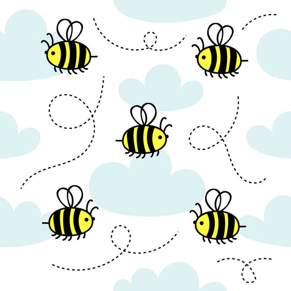 Little cute bees fly in the clouds.Kids seamless pattern n.Manual vector doodle illustration
.