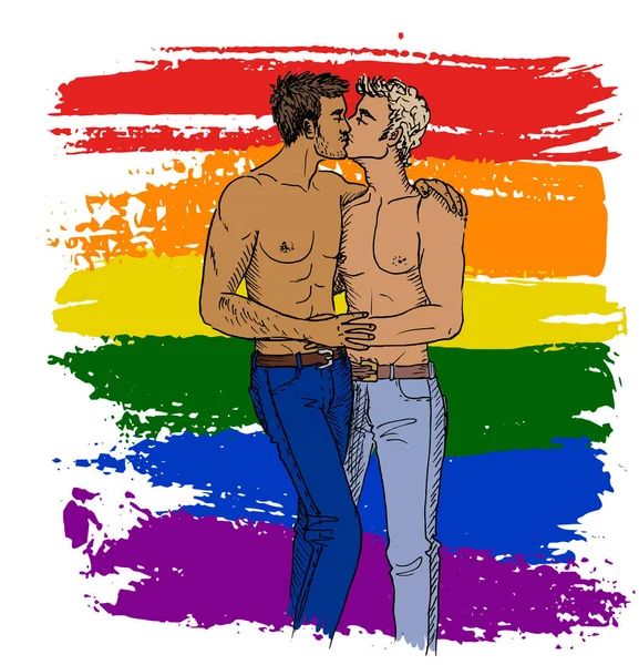 Beijando gays e bandeira LGBT —  Vetores de Stock