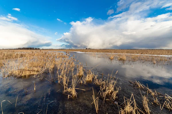 Winterlandschaft über dem Fluss mit blauem Himmel — Stockfoto