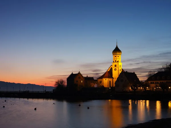 Gün Batımından Sonra Almanya Nın Bavyera Kentindeki Bodensee Bulunan Wasserburg — Stok fotoğraf