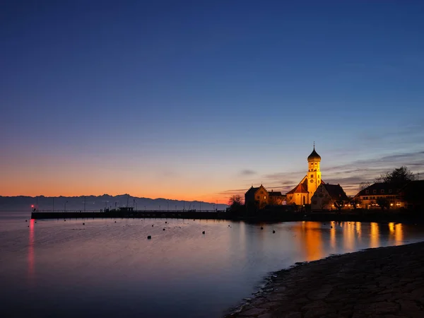 View Illuminated Church Georg Wasserburg Bodensee Bavaria Germany Sunset — Stock Photo, Image