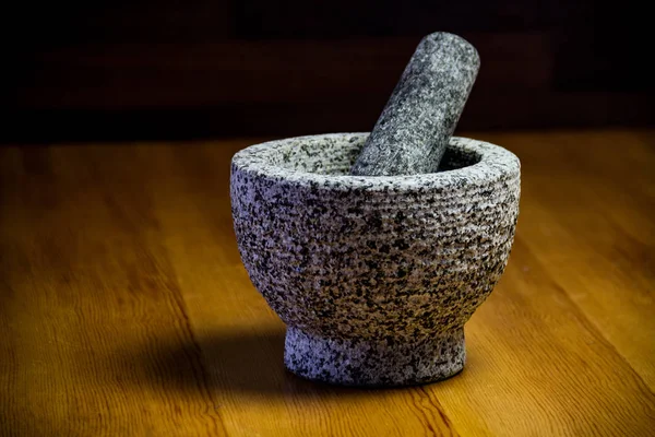 Mortar Pestle Wooden Table Dark Background Copy Space Kitchen Concept — Stock Photo, Image