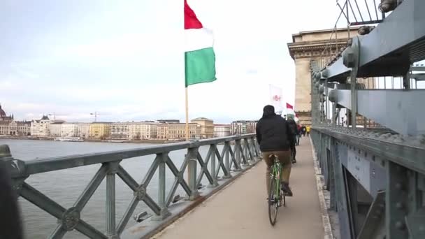 BUDAPEST, 15 MARZO 2019 Vista del río Danubio y la bandera de Hungría desde el Puente de las Cadenas en Budapest — Vídeos de Stock