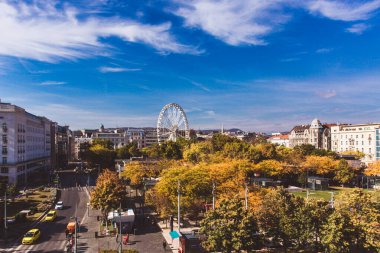 View from the window to Budapest Eye and St. Stephens Basilica in Budapest, Hungary