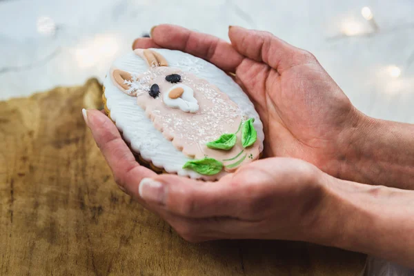 Zwei handbemalte Lebkuchen auf einem hölzernen Hintergrund. Die süßen Ilama-Formen sind auf die Lebkuchen gemalt. Nahaufnahme. — Stockfoto