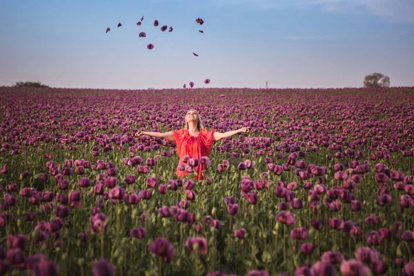 Beautifull happy woman with long hair in red dress lonely walking in the Lilac Poppy Flowers field — Stock Photo, Image