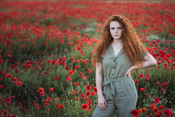 Junge schöne rot-hören Mädchen im roten Mohnfeld — Stockfoto