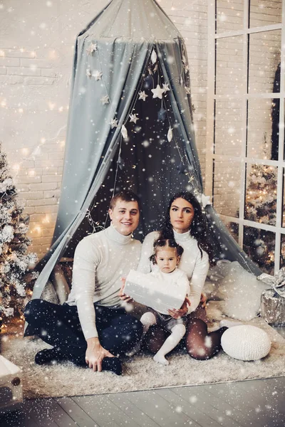 발다 친아래아름다운 젊은 가족. 크리스마스 장식. — 스톡 사진