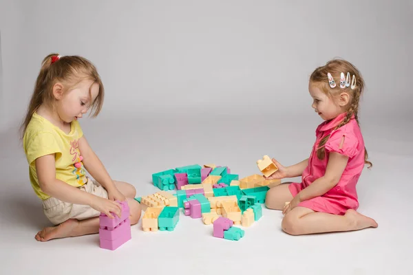 Zwei enthusiastische kleine Mädchen spielen montieren Konstrukteur Vollbild im Studio weißen Hintergrund — Stockfoto