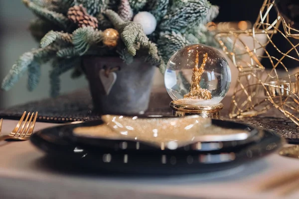 Primo piano della tavola delle vacanze natalizie con decorazioni invernali — Foto Stock