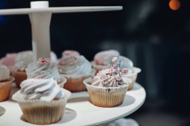 Tabakta servis edilen tatlı ve lezzetli keklerin seçici odağı.