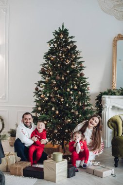 Belarus Minsk 16: 12: 2019: Dost canlısı aile Noel akşamı kameraya bakıyor