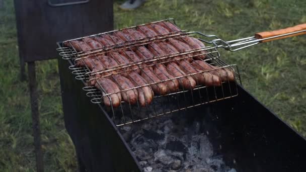 Close-up cozinhar carne fresca no churrasco em chamas de carvão usando grade ao ar livre imagens 4k — Vídeo de Stock