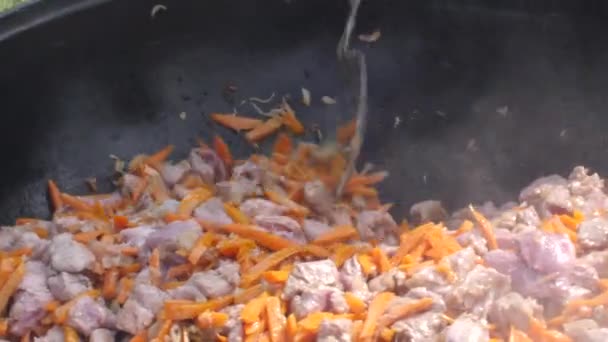 Cocinar revolviendo la carne y la zanahoria en el caldero . — Vídeos de Stock