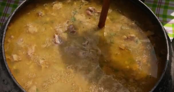 Female hand mixing meat soup fresh fragrance food in saucepan using spoon top view — Stock Footage Female hand mixing meat soup fresh fragrance food in saucepan using spoon top view Royalty Free Stock Video