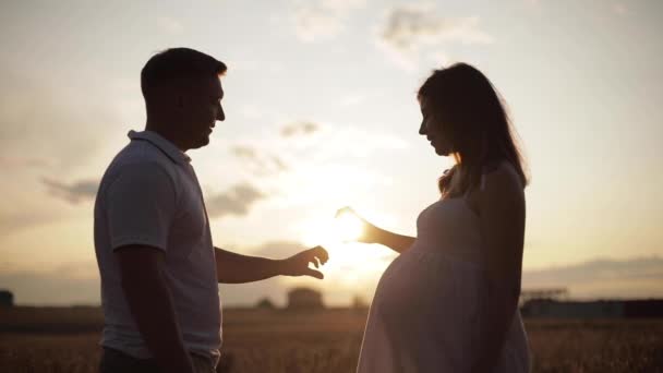 Smiling husband and pregnant wife posing in bright sunlight — Stock Video