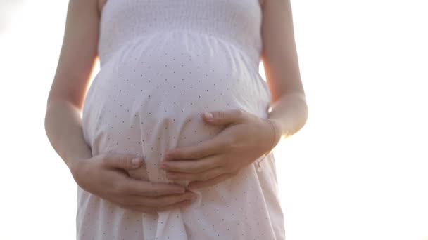 Молодая беременная женщина с большим животом позирует на открытом воздухе — стоковое видео