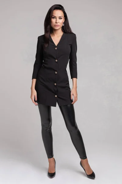 Stunning slim model in bright black dress and black heels. — 스톡 사진