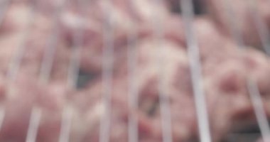 Izgara metal ızgara ızgara üzerindeki aşırı yakın çekim ham kırmızı atıştırmalık et 4k görüntüde yakınlaştır