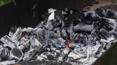 Kamp ateşinde, kül külleriyle çevrili kızgın kömürlerin yakın çekimi.