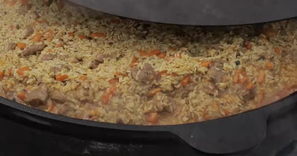 Close-up of delicious pilaf in cauldron. — Stock Video