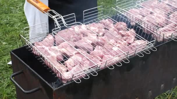 Primer plano de la comida callejera carne a la parrilla al aire libre — Vídeos de Stock