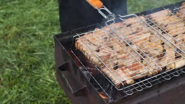 Delicious meat cooked on grill for a company. — Stock Video