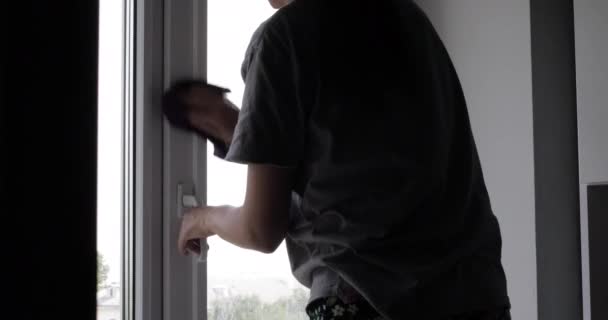 Mujer joven está lavando la ventana en casa — Vídeo de stock