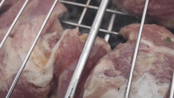 Video av rått kjøtt på grill . – stockvideo