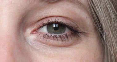 Kadınların gözü yakın planda. Gri yeşil kadın gözü kameraya göz kırpıyor..