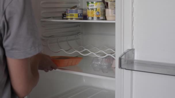 Belarus Minsk 15 07 2019: Vrouw huisvrouw zet voedsel product in open koelkast na schoonmaak — Stockvideo