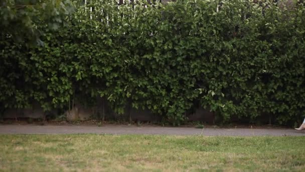 Hermosa mujer en vestido largo de menta y con sombrero blanco va a dar un paseo fuera — Vídeos de Stock