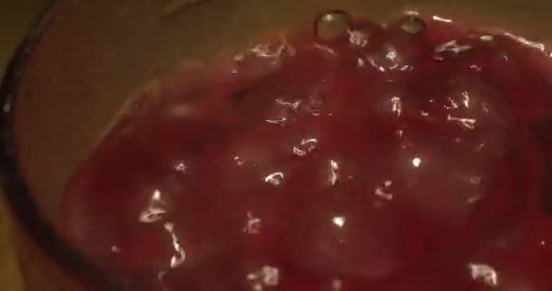De nombreux morceaux de glace sèche se trouvent dans une tasse en verre et sont remplis d'eau — Video