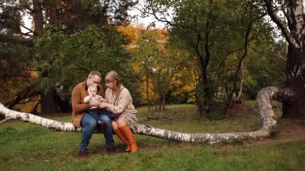 Jovens pais caminhando com a filha na floresta no outono — Vídeo de Stock