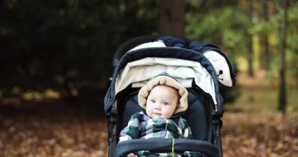 Relaxado bonito bebê menina em arco headband em carrinho de bebê . — Vídeo de Stock