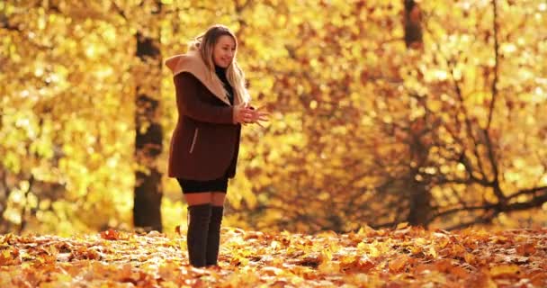 Schöne junge Mutter geht in einem charmanten Herbstpark spazieren — Stockvideo