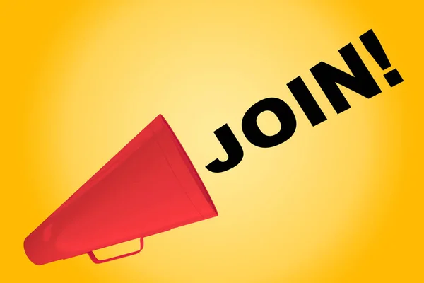 3D-Illustration von "join!" Titel aus einem Lautsprecher — Stockbild Join! -Titel strömt aus einem Lautsprecher — Stockfoto