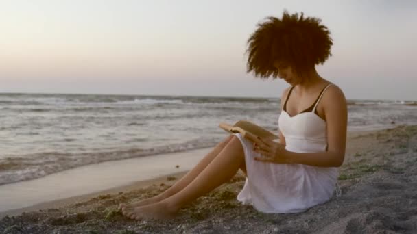 Tiro de Relajada joven hembra sentada junto al mar con libro — Vídeo de stock