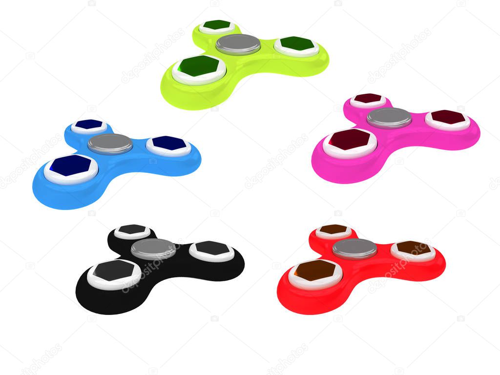 3D Illustration of multi colored fidget spinners isolated on whi