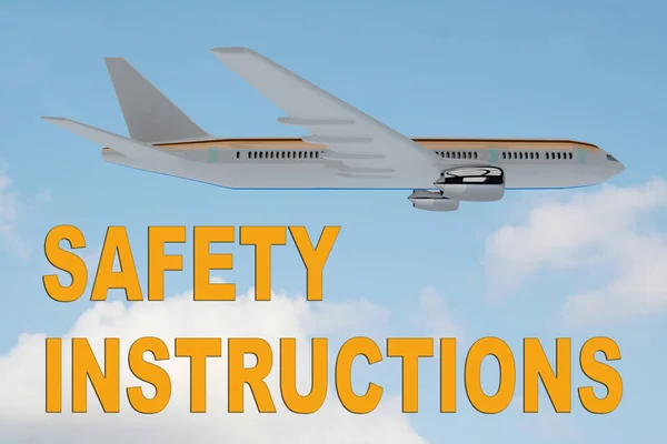 Ilustracji Tytułu Instrukcje Bezpieczeństwa Zachmurzone Niebo Jako Tło Pod Samolotem — Zdjęcie stockowe